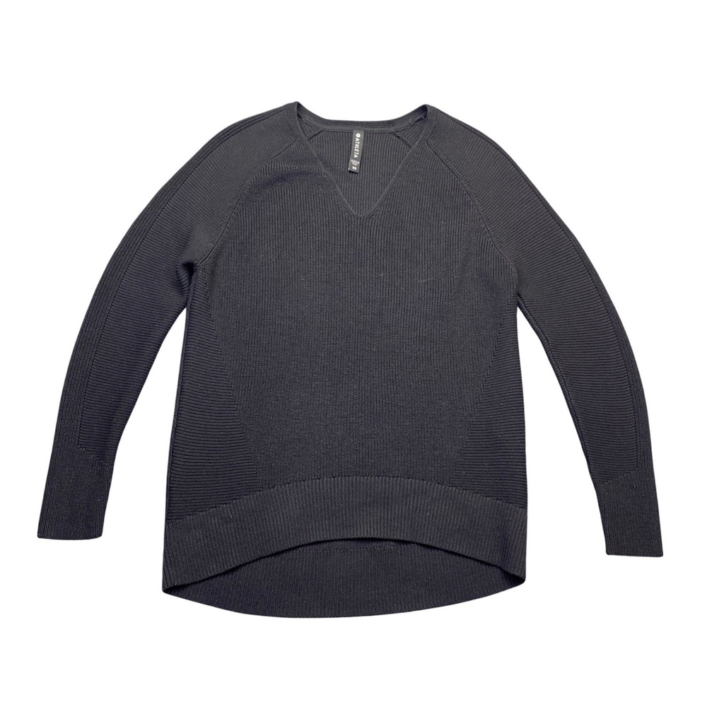 Athleta Black Merino Wool Blend V-Neck Ribbed Knit Sweater XS Boho Preppy